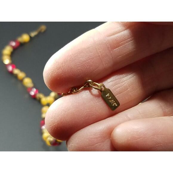 Vintage 1928 Necklace Red Gold Beaded Pendant Quartz Cabochon Black Crystals - Picture 7 of 10